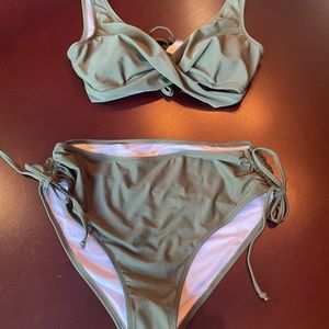 Beachsissi High Waisted Bikini Twist Front Tie Back 2 Pc Swimsuit Khaki Green  L